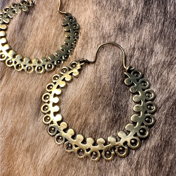 Solid Brass Indonesian Dangle Hoops - Picture 3 of 7